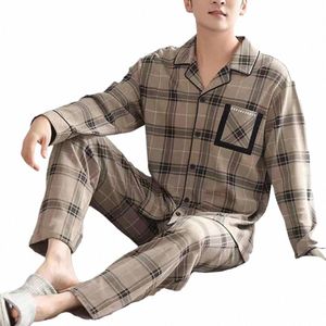 2024 Spring Autumn Stripe Cott Pajamas Casualna kratona Piżama Mężczyznę LG Rękawowa odzież śpiąca oddychająca wygodna odzież domowa 3xl u2uq#