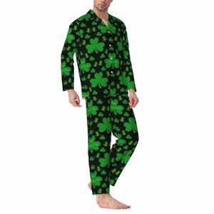 St Patricks Day Pijama Define Shamrock Imprimir Bonito Pijamas Homens Lg Manga Casual Solta Noite Duas Peças Pijamas Tamanho Grande 2XL m2yJ #