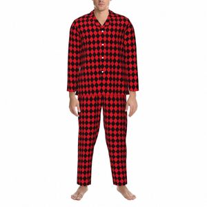 Conjuntos de pijama geométrico outono preto e vermelho xadrez bonito macio quarto sleepwear casal duas peças retro oversize design nightwear n0ff #