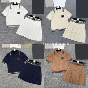 Preppy Style Pleated Skirt Women Short Sleeve Knitwear Lapel Neck Knits Top Spring Summer Party Outfit
