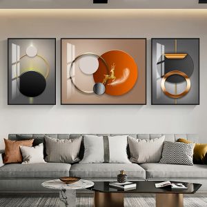 3 Piece Nordic Luxury Geometry Circle Light Canvas Painting Wall Art Abstract Posters and Prints for Living Room Decor Cuadros