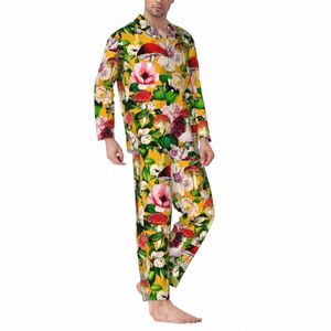 Cogumelos vintage sleepwear outono floral jardim casual pijamas de grandes dimensões conjunto masculino manga lg macio noite gráfico casa terno z52w #