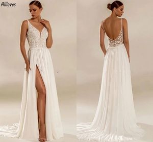 Plus Size V Neck Sexy Side Split A Line Wedding Dresses Summer Beach Elegant Lace Chiffon Boho Bridal Gowns With Pleats Vestidos De Novia Backless Bride Robes