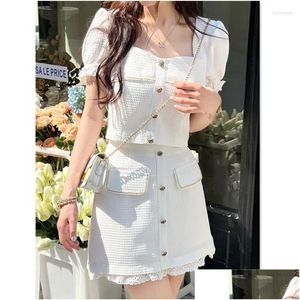 Work Dresses Temperament Fashion Square Neck Top Skirt Two Piece Set Women Korean Bubble Sleeve Lace Splice Solid Slim Sweet Summer Dr Otiyz