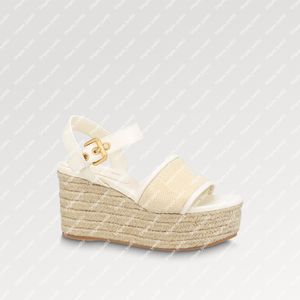 Explosion new Sandalo con zeppa Starboard da donna 1ABPFL Suola in corda bianca zeppa con zeppa in cotone ricamato con fibbia incisa plateau grosso classico design di espadrillas