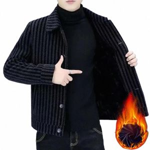 men Polyester Jacket Thick Warm Striped Men's Cardigan Coat with Turn-down Collar Lg Sleeve Plus Size Mid Length for Men X9Os#