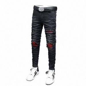 Fi Streetwear Men Jeans Retro Black Gray Elastast Stretch Skyny Repped Jeans Men Red Patched Designer Hip Hop Brand Pants Z1W6＃