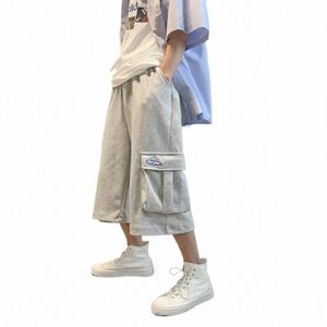 2023 Nya streetwear män sweatpants casual stora fickor lastbyxor manlig basket sport korta byxor sju strumpor svart/grå n3z1#