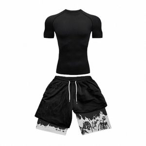 men's Compri Suit Sports Fitn Quick Drying Suit Tight Short Sleeved Anime Double Layer Shorts Summer O9UD#