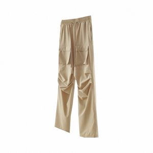 2023 calças de verão homem bolsos plissados em linha reta solta oversize cor sólida elástico cordão cintura calças casuais q97G #