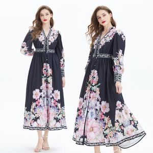 Elegante vacanza al mare floreale abito lungo nero scollo a V manica a lanterna stampa nazionale designer donna maxi cardigan con bottoni abiti da donna abiti da festa casual