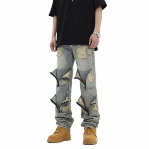 Hip Hop Vintage Yırtılmış Kırış Kot Pantolon Çar Harakuju Street Giyim Denim Patchwork J3yl#