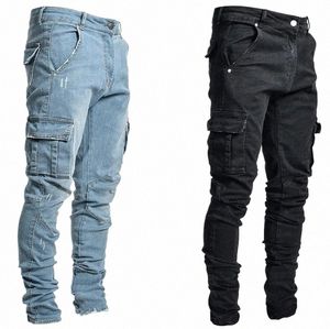 men Jeans Pencil Pants Cargo Denim Solid Ankle Length Wing Pockets Mid Waist Sheath Slim Slight Strech High Street 2024 I8wE#