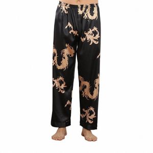 Tryckbyxor Satin Sleepwear Men Pyjamas Sleep Bottoms Casual Nightwear PJS Faux Silk Pijamas Home Pants Spring Summer New S8oo#