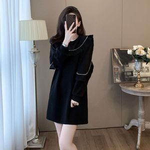 Autumn and Winter Mid Length Sanitary with High-end Feel, Loose Fit, Covering the Belly, Showing A Slim Temperament, Casual Black Long Sleeved Dress for Women