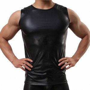 men Faux Pu Black Leather Round Neck Tank Top Wet Look Tight Vest Underwear Sexy Slim Sha Gym Sports Sleevel T-shirt K67b#