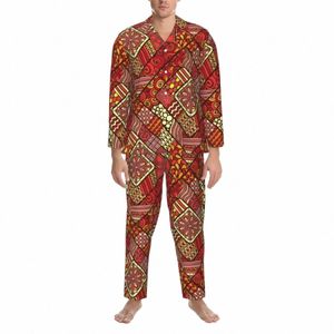 Tribal Print Pyjama Set Red Abstract Cute Softwear Man LG-Sleeve Casual Night 2 Pieces Nightwear Stor storlek 2xl T6ie#