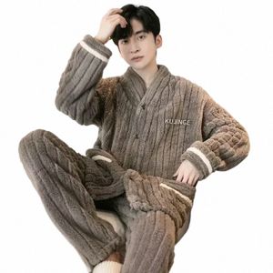 2024 Men's Warm Pajama Sets Autumn Winter Thick 2 Piece Set Flannel Sleepwear Loose Lg Sleeve Solid Homewear Home Clothes Sets u90n#