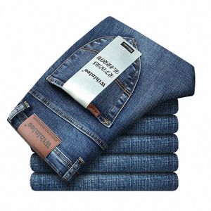 2023 Spring Summer Office Busin Jeans Men Classic Blue Cott Stretch Straight-Ben Denim Pants Mane Brand Trousers E9VA#