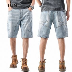 2024 Summer Shorts Jeans Män Stretch Light Blue Hip Hop Ripped Denim Shorts For Men Patchwrok Straight Loose Men's Short Jeans Y6MP#