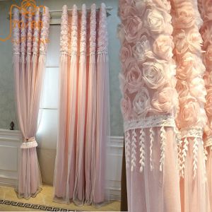 Curtains Pink Girl Princess Room Rose Yarn Lace Splice Curtains for Living Room Bedroom Balcony Customized Home Decoration Finish Product