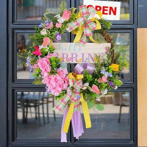 装飾的な花の春の花輪正面玄関のための春の花輪カラフルな弓リボンと花柄の花輪の壁を吊るした家の装飾