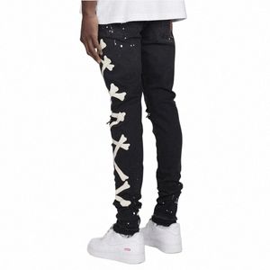 Jeans für Männer 2022 Farbverlauf zerrissene weiße Punkte Jeans männlich Motor Biker Skinny Jeans Homme Herrenbekleidung Reißverschluss Denim Hosen j9AA #