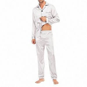 Männer Pyjama Sets Seide Satin Nachtwäsche für Mann Hemd Lg Sleeve Pyjama Männlich Fi Soft Home Nacht Tragen Große Größe Loungewear i8e1 #