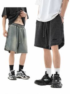 Män avslappnade shorts hem med triangulär delad design denim shorts manlig ny trendig broderad lös beskuren sommarbyxor j2af#