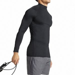 kör Turtleneck T-shirt Men Gym Sportswear Fitn Tight LG Sleeve Compri Skjorta Jogging snabb torr träningskläder Q5ww#