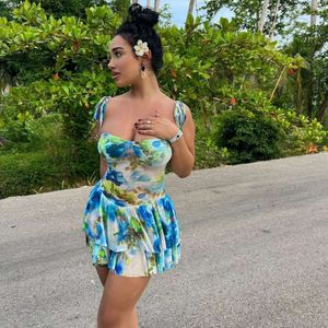 Moda impressa sexy envoltório cinta no peito com babado borda saia curta para vestido de férias vestido feminino 545325