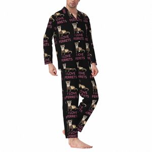 Furão amantes conjuntos de pijama eu amo furões quente pijamas homens lg manga casual solto noite 2 peças roupa de noite tamanho grande 2xl o8gt #