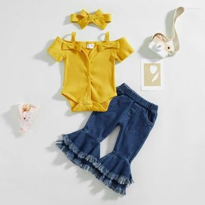 Clothing Sets Kid Girl Pants Suit Short Sleeve Buttons Romper Shirt Bell-Bottoms Trousers Outfit Head Band