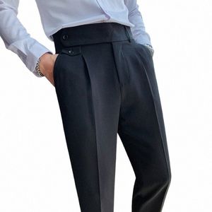 british Men's Trousers High Waist Busin Casual Work Suit Pants Butt Belt Slim Fit Dr Clothes Male Khaki White Black a78S#