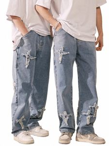 Amerikanska high street jeans för män y2k retro rippade kors hög midja denim byxor sommar fi bred ben rak lastbyxor y3sg#
