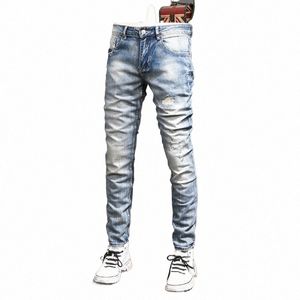 Streetwear Fi Men Jeans Retro Ljusblå Elastisk smal fit Ripped Jeans Men broderi designer vintage casual denim byxor z0im#