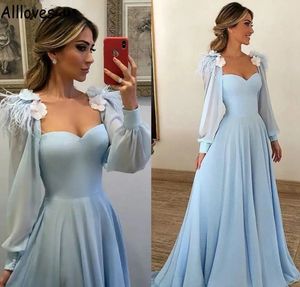 Light Sky Blue Furs Prom -klänningar med långa ärmar Fashion Handgjorda blommor En linje Chiffong Aftonklänningar plus storlek ASO EBI Special Endan Robe de Soiree