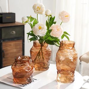 Vase Vase Retro Nostalgic Amber透明ガラス高品質の大型水耕栽培花リビングルーム装飾デスクトップ北欧