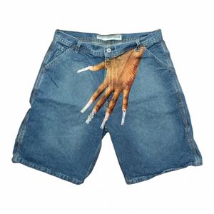 Harajuku Hip Hop Y2K Shorts Pants Mens Print Retro Blue Baggy Denim Shorts New Gothic Sweatpants Shorts 92JH#