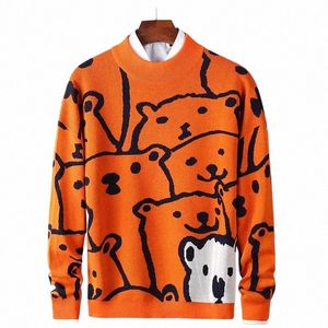 men Autumn Casual Sweaters Polar Bear Pattern Trendy Oversize Sweaters Cott Lg Sleeve Round Collar Male Warm Pullover Orange n2a8#