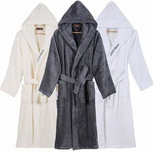 high Quality Men's Robe Hooded Winter Bathrobe Male Lg Thick Warm Terry Fleece Towel Dring Gown Couple Home Bath Robes B7FE#