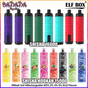 Elf Box Shisha 16000 Hookah 15000 Puffs Vapes descartáveis Fluxo de ar ajustável Bobina de malha recarregável 0% 2% 3% 5% 12 sabores Puff 16K 15K