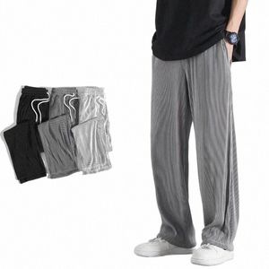 summer Wide-leg Ice Silk Pants Men's Solid Color Thin Striped Straight-leg Drape Elastic Casual Pants Loose Sports Trousers Z98e#