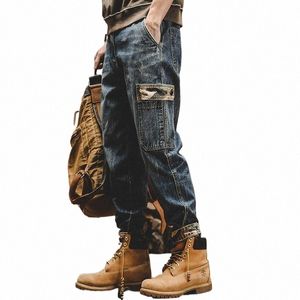 Nova primavera outono vintage grande bolso masculino fi denim trabalho wear carga casual coreano hip-hop baggy jeans homens macacão calças o5k3 #