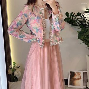 Work Dresses High-End Fashion 2 Piece Suit Laies Sweet Flower Beaded Mesh Coat Elastic Waist Midi Skirt Autumn Women Party Sets