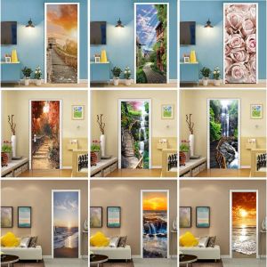 Stickers Landscape Door Stickers 3D Removable Self Adhesive Sticker Natural Scenery Wallpaper PVC Art Murals for Doors Modern Home Decor