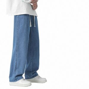 våren ny streetwear baggy jeans män koreanska fi lösa raka breda ben byxor man varumärke kläder svart ljusblå g5ed#