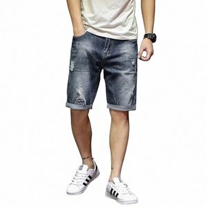 2022 Summer New Men's Denim Shorts Fi Slim Fit Elastic Cott Blue W Ripped Jeans Male Brand Clothes J5hq#