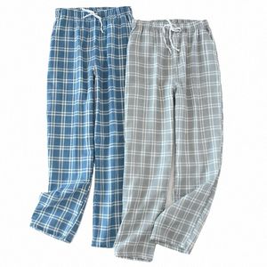 Mens Cott Gaze Sleep Bottoms Plaid Knickade pyjamasbyxor Lossa Sleepwear Lounge Wear Trousers Män elastiskt band Pijama Shorts Q1yz#