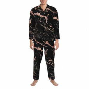 Conjuntos de pijama de mármore preto outono elegante impressão moderna diária sleepwear homem 2 peças vintage oversize nightwear presente de aniversário 653P #